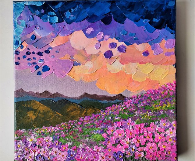 acrylic painting sunset flower field