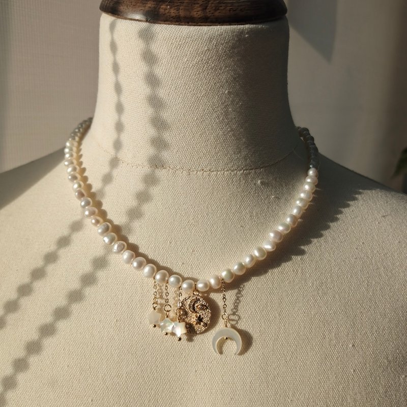 Freshwater Pearl Beads Necklace with Mother of Pearl Crescent Moon Stars - Necklaces - Pearl White