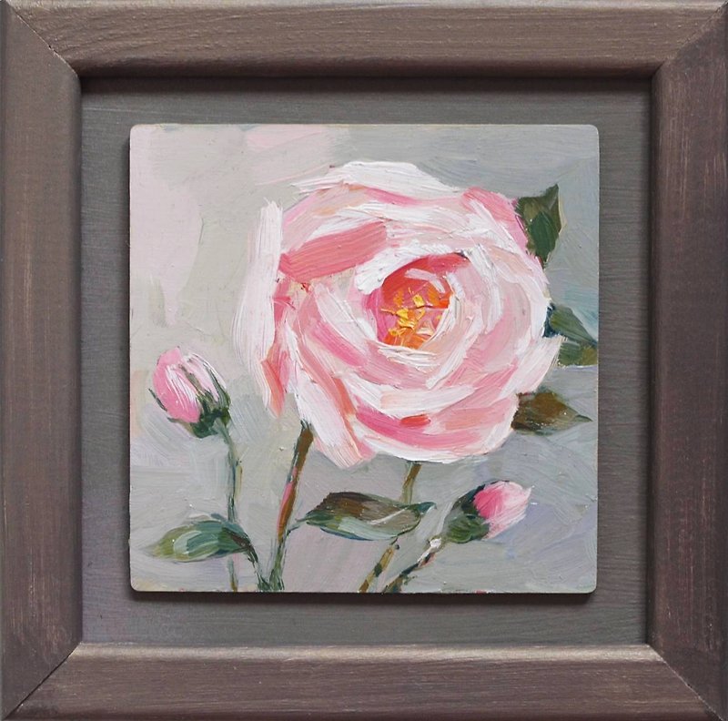Original Oil Painting Modern Art Light Pink Roses 18x18cm Pink Pearl - Illustration, Painting & Calligraphy - Other Materials Pink