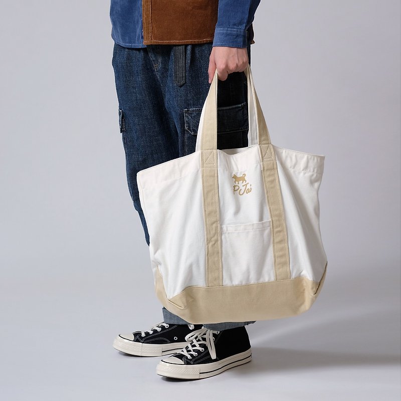 【PJai the Shiba】Tote Bag - Khaki // Navy (TB230) - Handbags & Totes - Cotton & Hemp Khaki