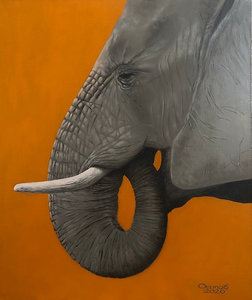 OsipovArtStudio Original Elephant Oil Painting On Canvas Animal Orange Painting Contemporary Art