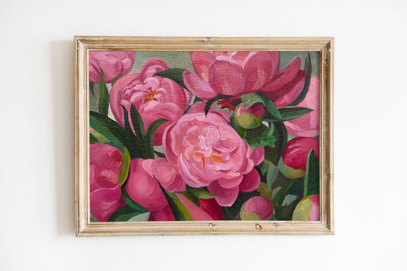Peony Painting Floral Original Art Oil painting on canvas - 壁貼/牆壁裝飾 - 棉．麻 粉紅色