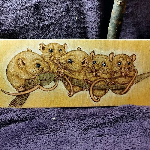 Little Rat Woodshop Woodburning mice on a branch