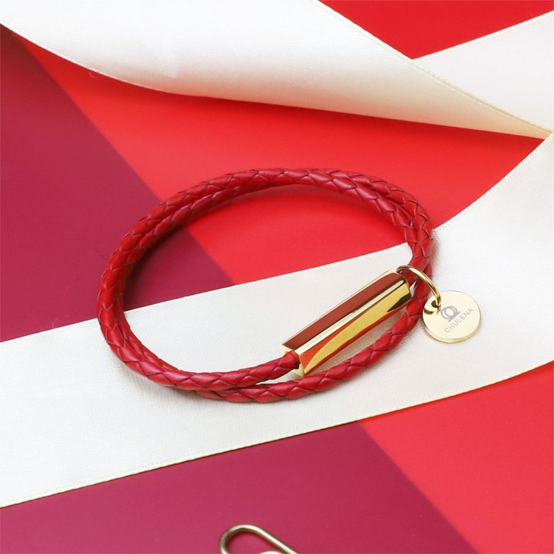 [Customized] Double-circle genuine leather braided bracelet_gold (8 colors)/can be engraved - Bracelets - Genuine Leather Red