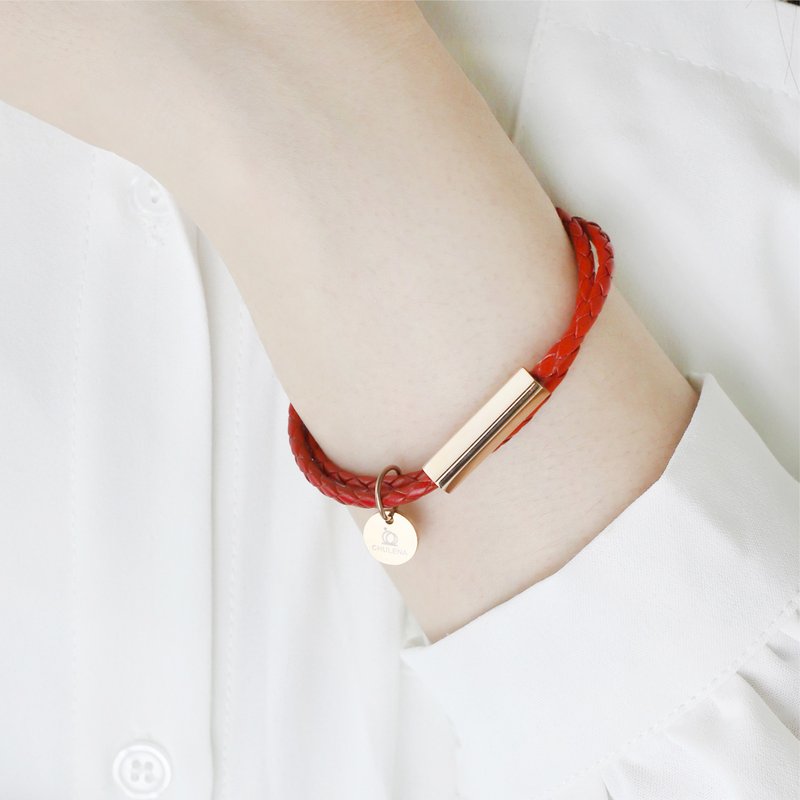 [Customized] Double-circle genuine leather braided bracelet_gold (7 colors)/customized engraving bracelet - Bracelets - Genuine Leather Red