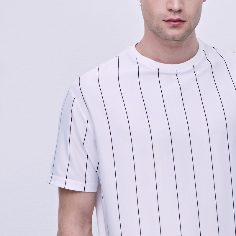 Stone@S Straight Stripes T-shirt (LONG) / Straight Stripes Long Tee White - Men's T-Shirts & Tops - Cotton & Hemp White