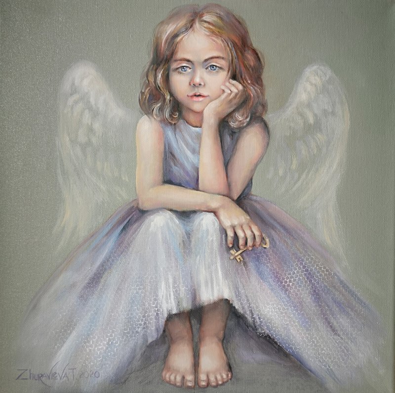 แองเจิลภาพวาดสีน้ำมันศิลปะเดิมบนผืนผ้าใบ40*40ซม. ศิลปะผนัง - โปสเตอร์ - ผ้าฝ้าย/ผ้าลินิน 