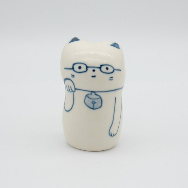 Handmade ceramic doll beckoning cat with glasses - Items for Display - Porcelain White