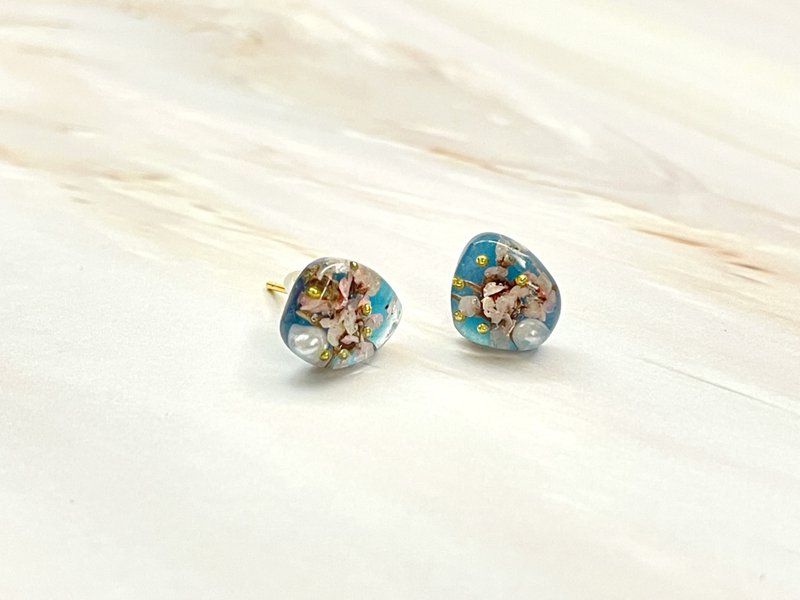 真花耳環 粉紅配粉藍色 925純銀鍍18K金耳針 可改耳夾 - 耳環/耳夾 - 植物．花 粉紅色