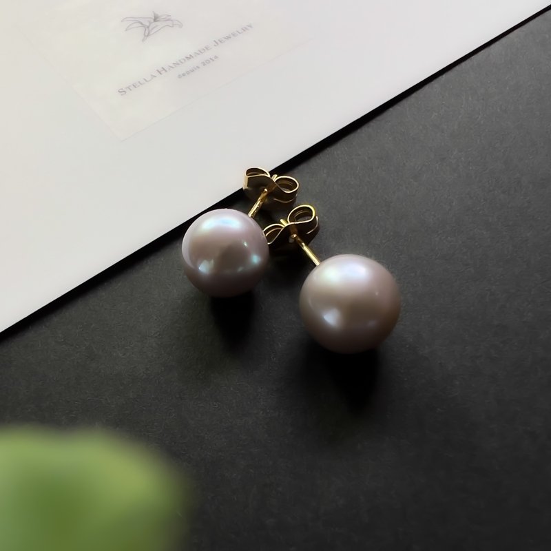 【K14GF 淡水銀珠耳環 禮盒裝】 - 耳環/耳夾/耳骨夾 - 寶石 灰色