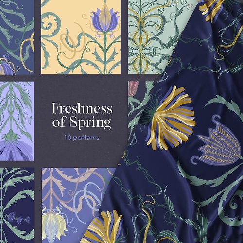 Blue Bird Spring floral pattern collection, botanical pattern