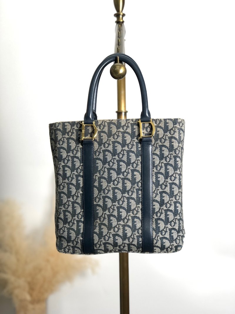 【 日本直送　名牌中古包 】Christian Dior クリスチャン ディオール トロッター ハンドバッグ ネイビー ジャガード vintage t42vjp - 手提包/手提袋 - 棉．麻 藍色