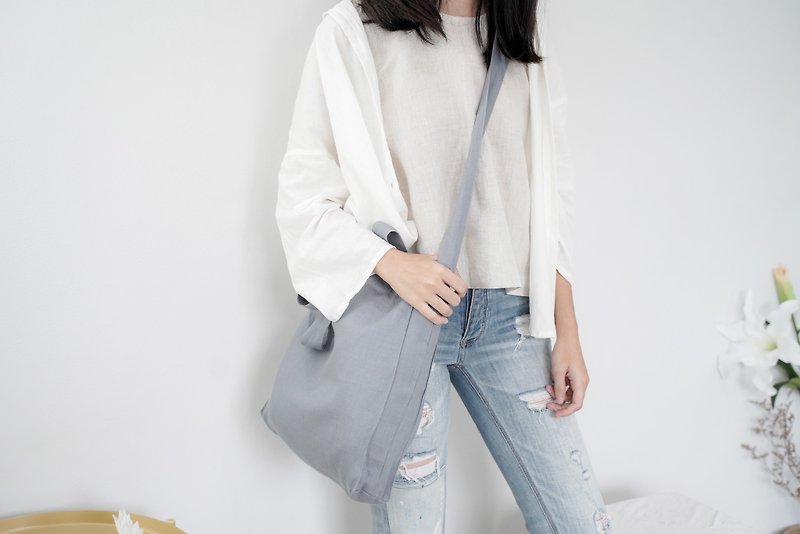 Casual 2 Ways Linen Tote Bag (Grey-Blue) - Messenger Bags & Sling Bags - Linen Gray