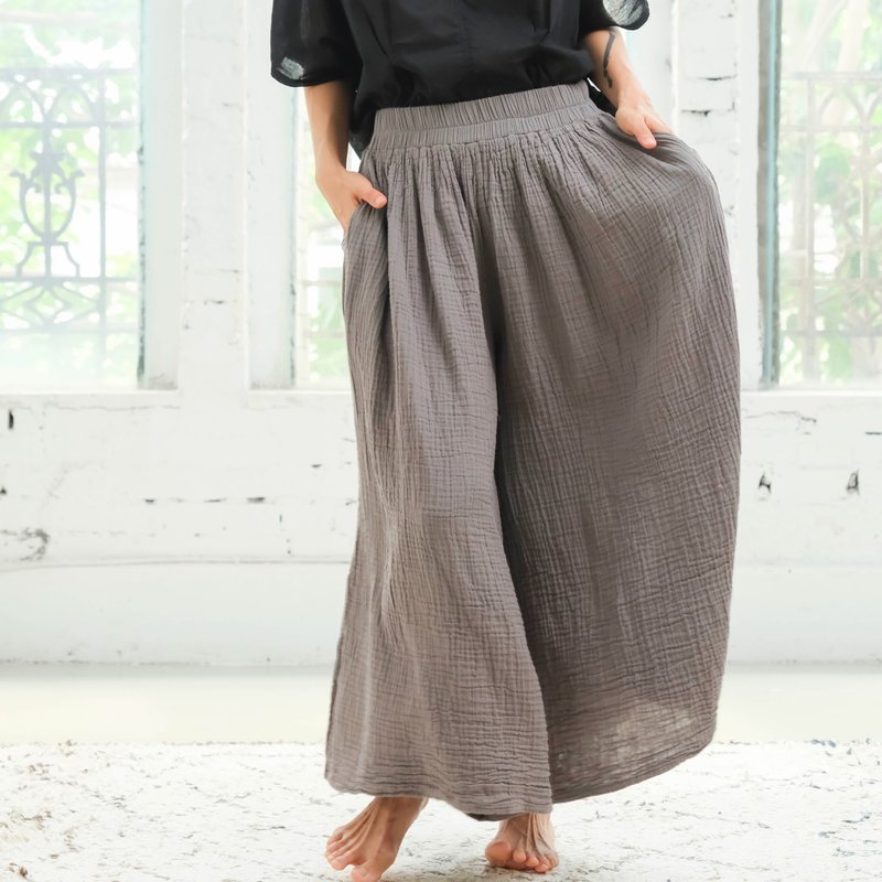 Loose wide trousers/double layer gauze gray - กางเกงขายาว - ผ้าฝ้าย/ผ้าลินิน สีเทา