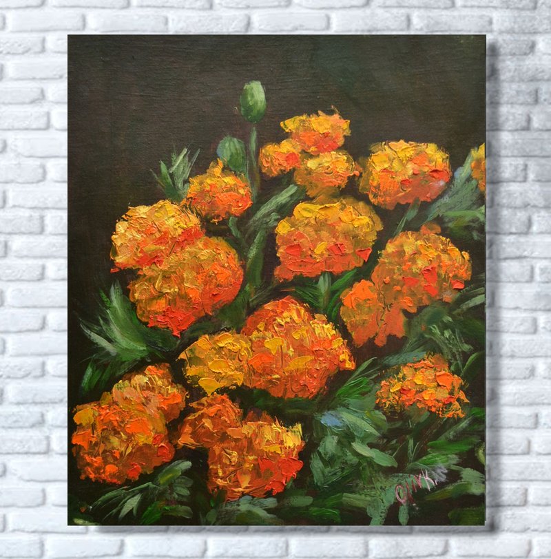 Marigolds Original Art Orange Floral Art Tagetes Oil Painting Bouquet Tagetes - 海報/掛畫/掛布 - 其他材質 橘色