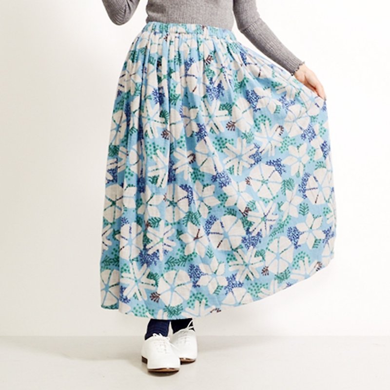 Snow Crystal Flower Nell Skirt - กระโปรง - ผ้าฝ้าย/ผ้าลินิน สีน้ำเงิน