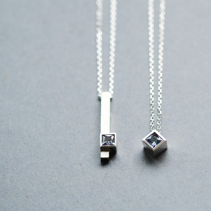 2-piece set) Aquamarine square pair necklace , Silver 925 - Necklaces - Other Metals Blue