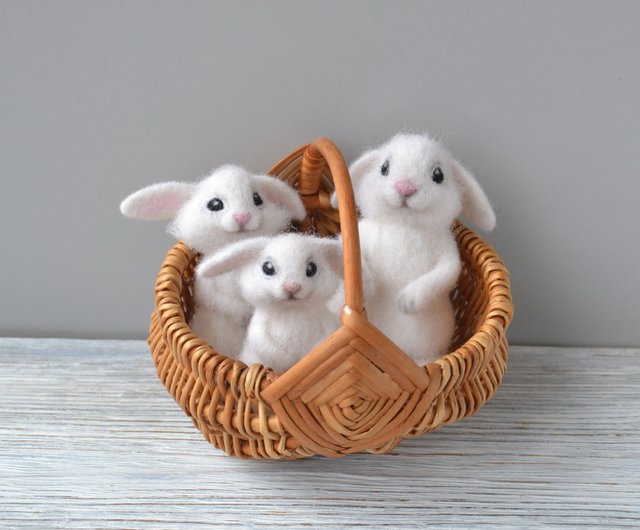 White bunny wool sculpture Felting art toy Cute hare Wool