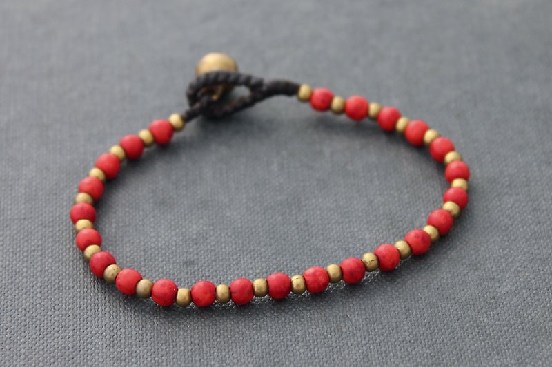 Coral Stone Beaded Bracelets Brass Simple Stone Hemp Woven Bracelets - Bracelets - Stone Red