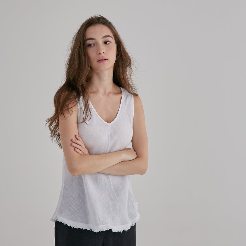 Bearded double V-neck vest-white - Women's Vests - Cotton & Hemp White