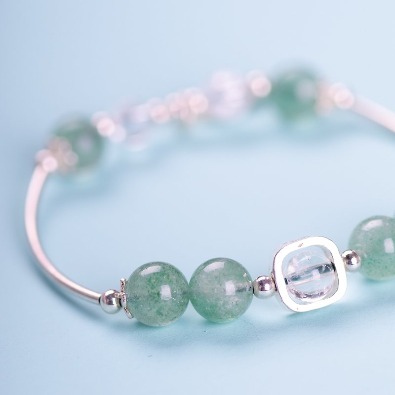 Green Strawberry Rose Quartz, Clear Quartz 925 sterling silver Gemstone Bracelet - Bracelets - Gemstone Green