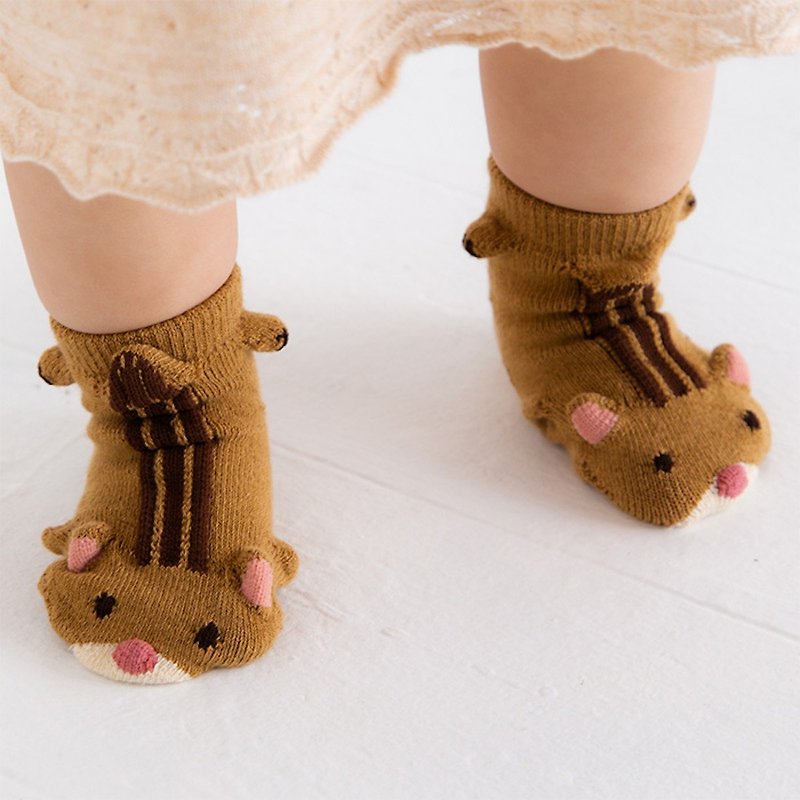 1212250 Animal three-dimensional socks Chipmunk Chipmunk pop-up socks Made in Japan Camel/Beige 2 colors available XS 9-12cm - ถุงเท้าเด็ก - ผ้าฝ้าย/ผ้าลินิน สีนำ้ตาล
