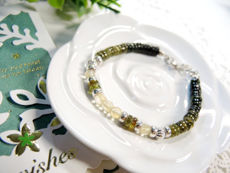 "Green Forest" simple and neat citrine with yellow and green tourmaline 925 sterling silver bracelet - Bracelets - Gemstone Green