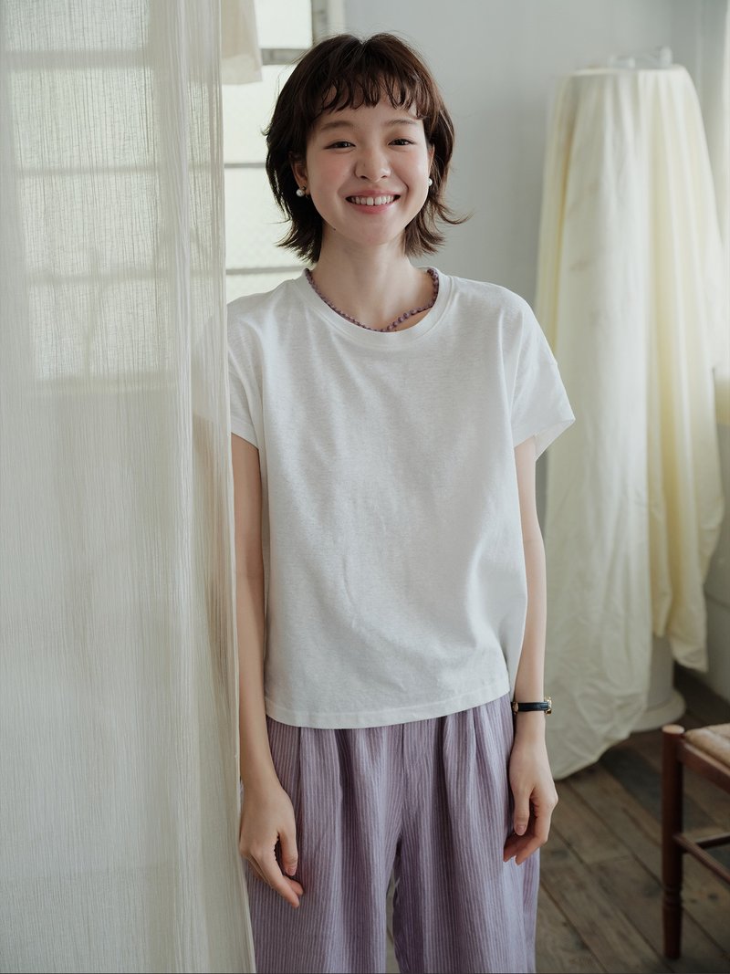 棉麻混紡T恤短袖圓領上衣 - 女襯衫 - 棉．麻 多色