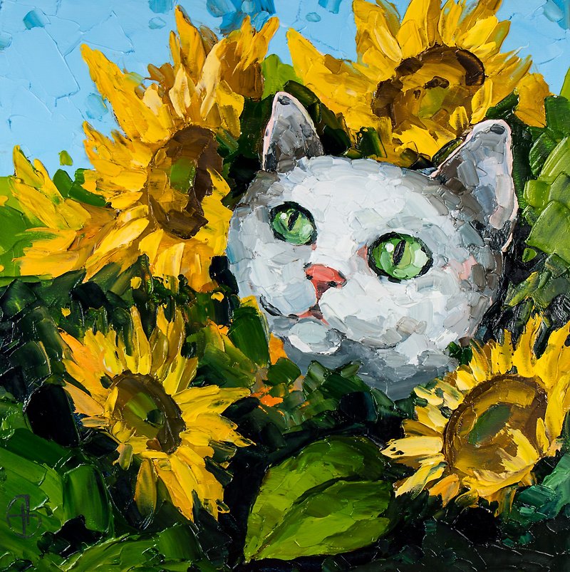 White Cat Painting Sunflowers Original Art Flowers Field Artwork Oil Painting - Posters - Other Materials Green