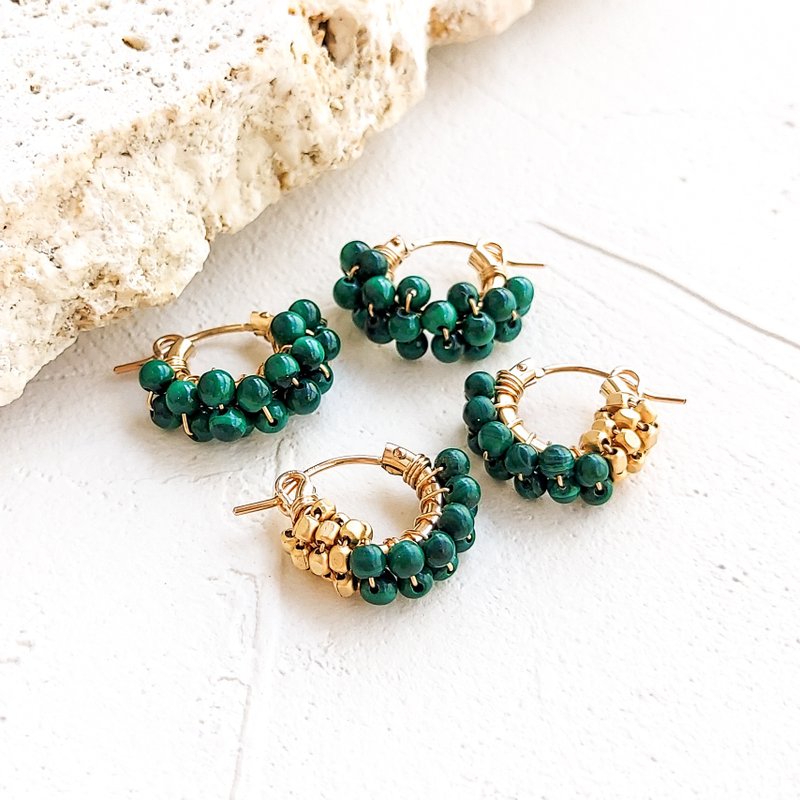 Malachite gold bi-color wraped pierced earrings / earrings - 耳環/耳夾/耳骨夾 - 寶石 綠色
