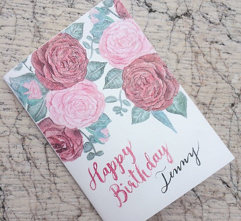 SCKCART hand-painted elegant watercolor flower pattern with handwritten English characters birthday card with custom English name - การ์ด/โปสการ์ด - กระดาษ สีแดง