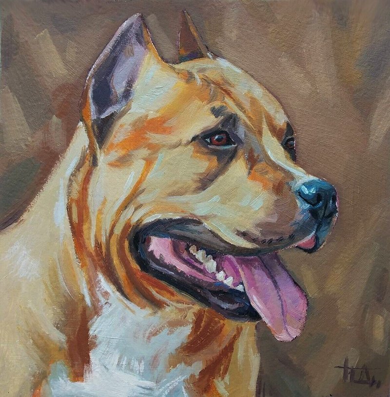 Original oil painting DOG American Staffordshire Terrier 6x6 inch hand painted - ตกแต่งผนัง - กระดาษ หลากหลายสี