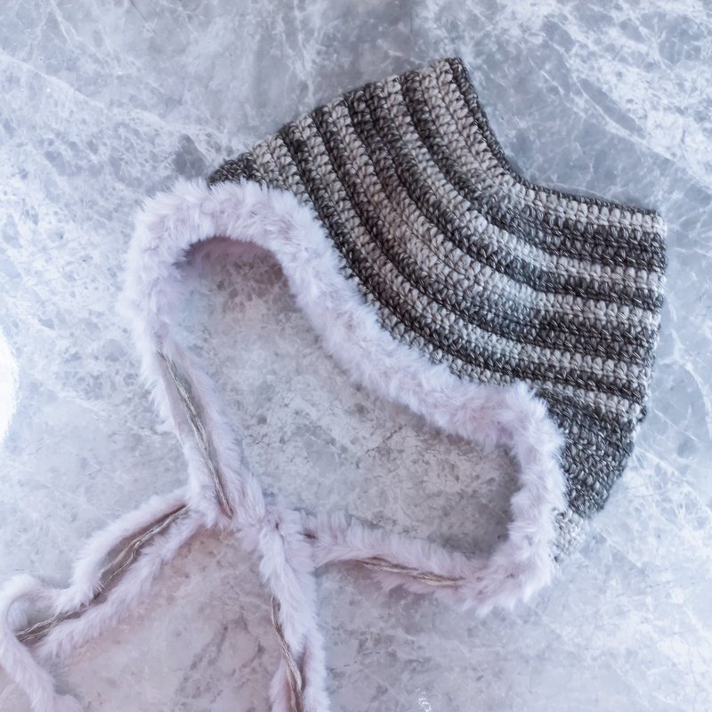 黑灰毛毛貓耳帽 護耳帽 毛線帽 手鉤編織帽 - 帽子 - 棉．麻 灰色