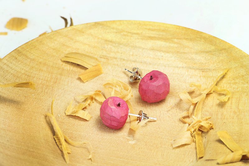 Cute wooden round apple earrings (pin type)--925 sterling silver--woodcut - handmade (optional color) - ต่างหู - ไม้ หลากหลายสี
