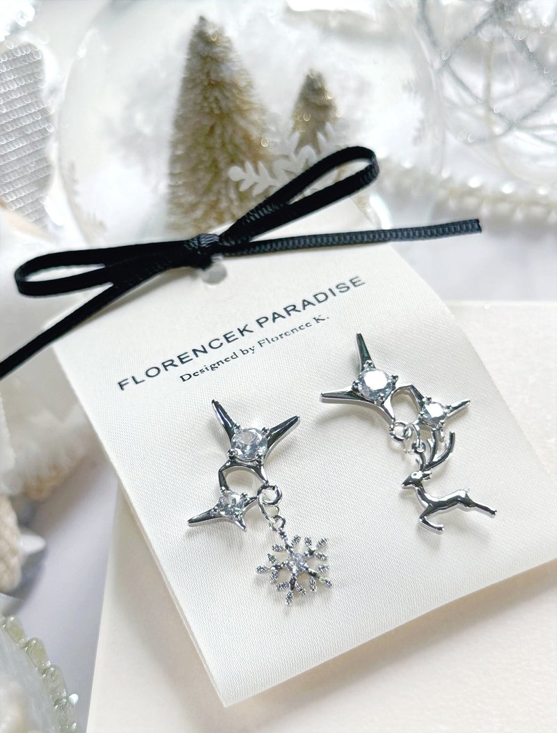 Christmas Earrings Elk Snowflake Earrings Silver Earrings - Earrings & Clip-ons - Other Metals Silver