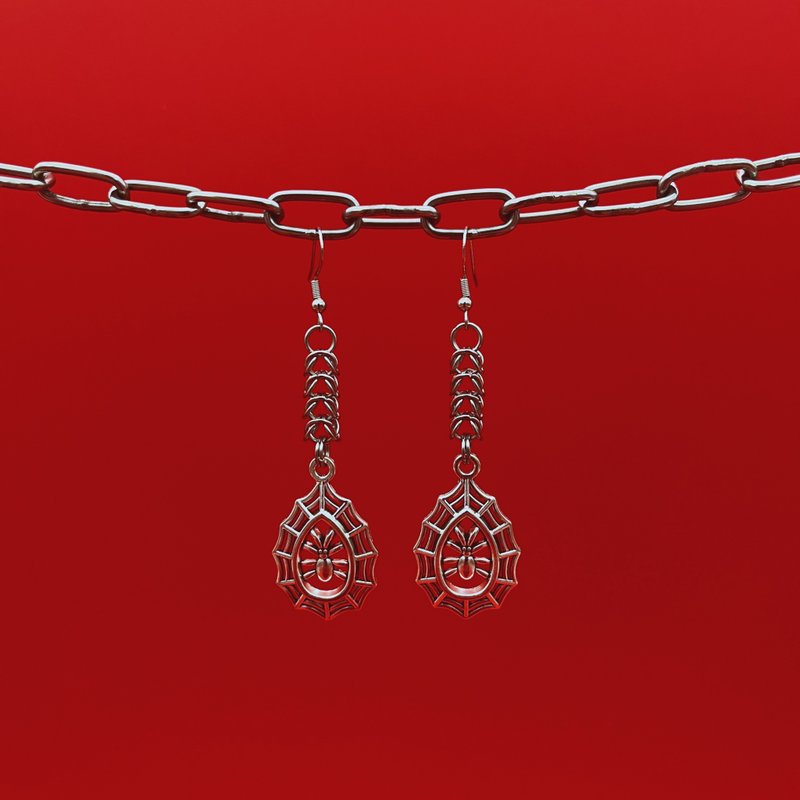 MrR手作不鏽鋼圈S925銀鉤蜘蛛網吊墜吊掛式耳環一對 - 耳環/耳夾/耳骨夾 - 不鏽鋼 銀色