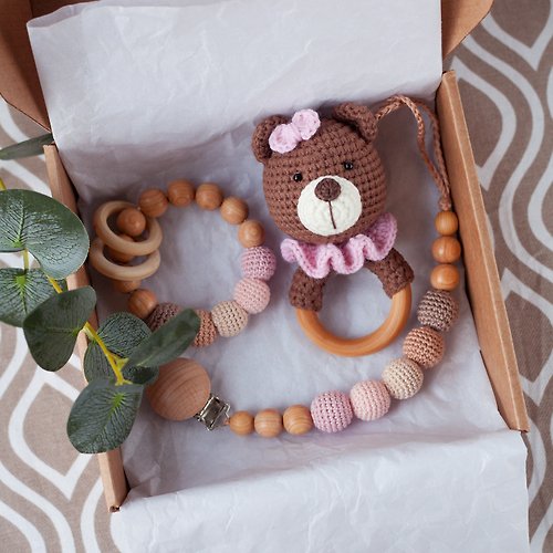 MaraBooHandmade Newborn Baby Girl Gift Box: Bear Rattle Toy, Teething Ring, Pacifier Clip Holder