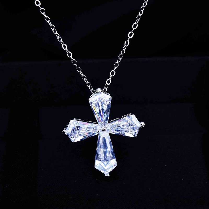 [SoLight Salt Blue] SL253 Korean Style Design - Confession of Faith Cross Carbon Diamond Necklace - สร้อยคอ - วัสดุอื่นๆ ขาว