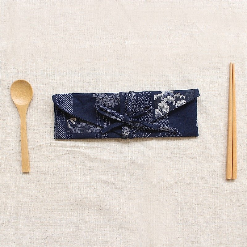 ダークブルー静かなレトロ水平環境にやさしい箸セット/収納袋 - 箸・箸置き - コットン・麻 ブルー