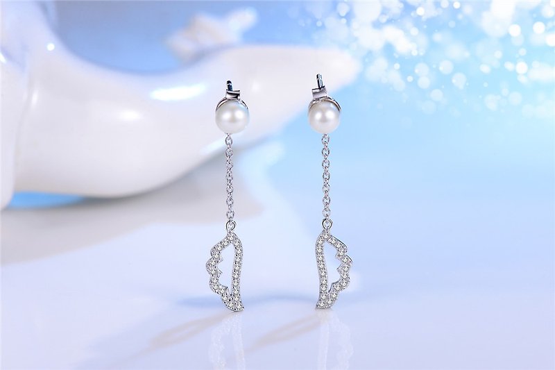Dream Wings sterling Silver pearl earrings simple wings long section of the tassel - ต่างหู - เงิน สีเงิน