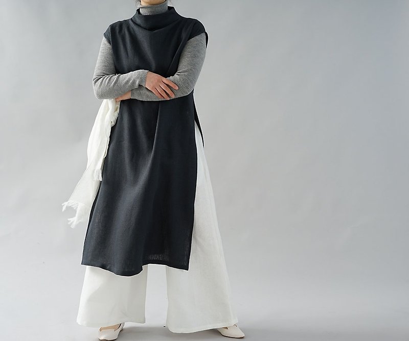 wafu  linen dress / bottle-neckline / short kimono sleeve / navy a043a-mne2 - ชุดเดรส - ผ้าฝ้าย/ผ้าลินิน สีน้ำเงิน