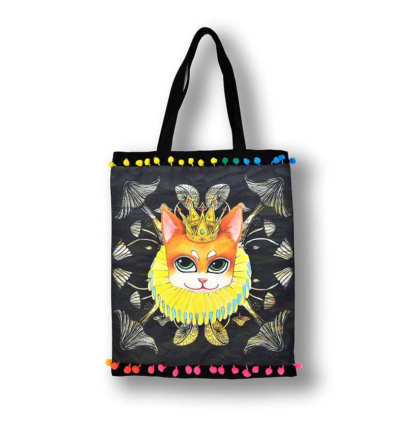 GOOKASO 雙面購物袋 TOTE BAG 貓咪國王 棉麻印花圖案 背面日本和服織錦綢緞 綴彩色小球花邊 - 側背包/斜孭袋 - 棉．麻 