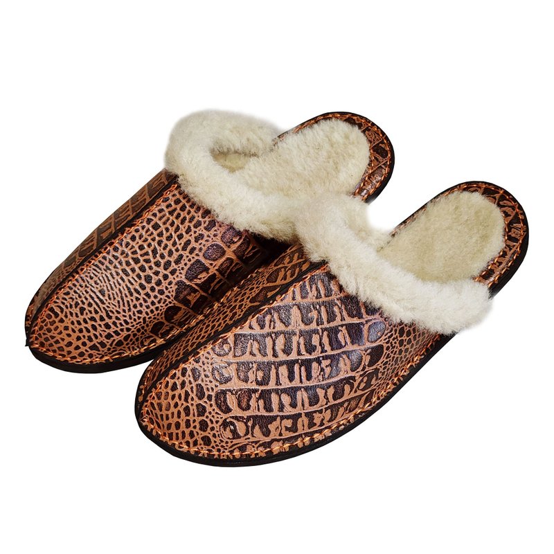 Shearling Crocodile Texture Leather Slippers - Indoor Slippers - Genuine Leather Orange