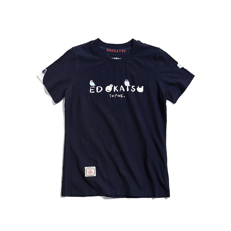 江戸桂 マニー文鳥刺繍ロゴ半袖Tシャツ レディース (張ブルー) #衣 - Tシャツ - コットン・麻 ブルー