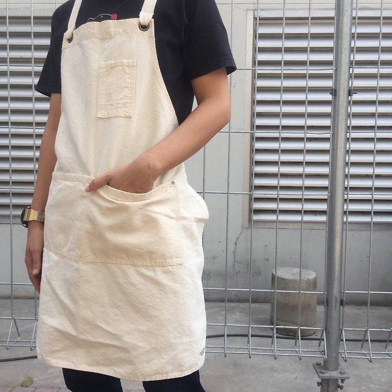 New Off-white Washed Canvas Apron no.06 Silver rivets 2 pockets /garde/barista - Aprons - Cotton & Hemp White