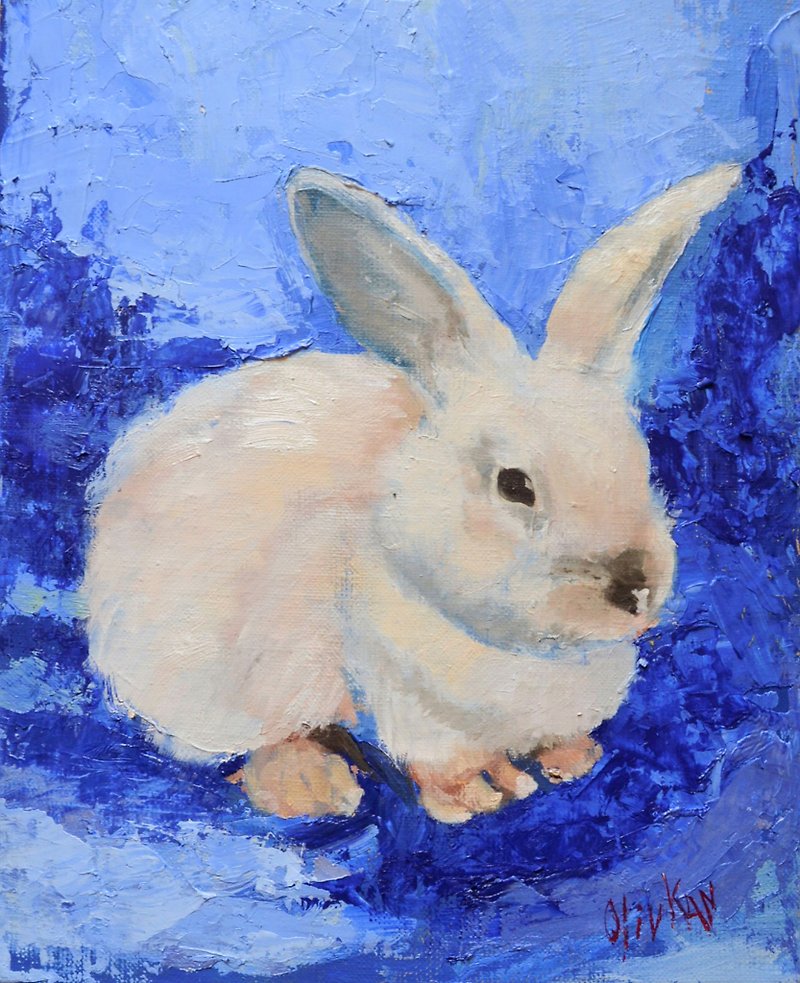 Bunny Oil Painting Animal Original Art Rabbit Oil Artwork - ตกแต่งผนัง - วัสดุอื่นๆ หลากหลายสี
