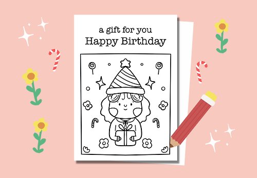 malamali A Gift for You Happy Birthday Coloring Kid's Card