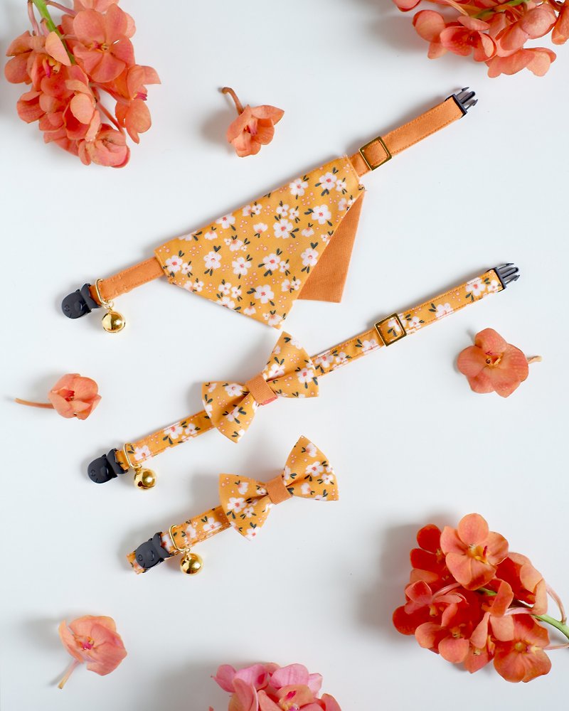 Tropicana : Orange flowers - ฺBreakaway cat collar with Bandana or Bow-tie - 貓狗頸圈/牽繩 - 環保材質 橘色