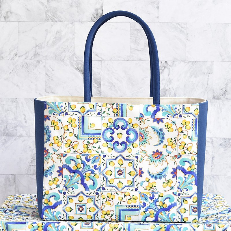Handmade Tote Bag - SHORT TOTE - Handbags & Totes - Cotton & Hemp Blue
