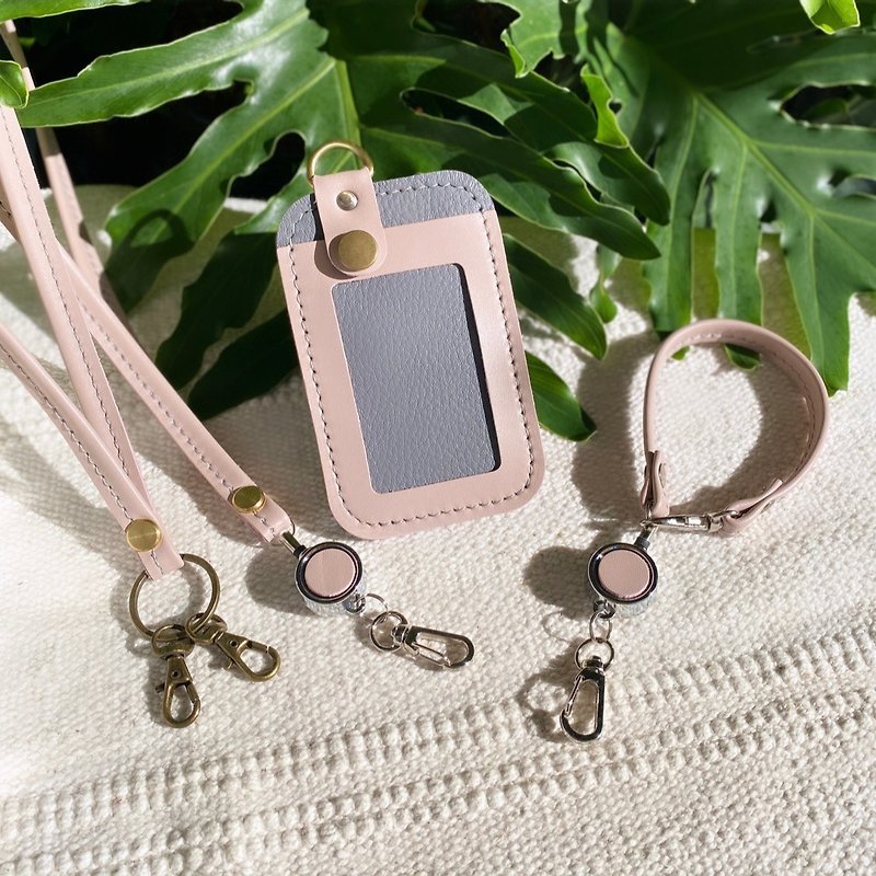 With style. Leather neck rope ~ short rope ~ any combination - gray bottom + lotus root pink border - ID & Badge Holders - Genuine Leather Pink